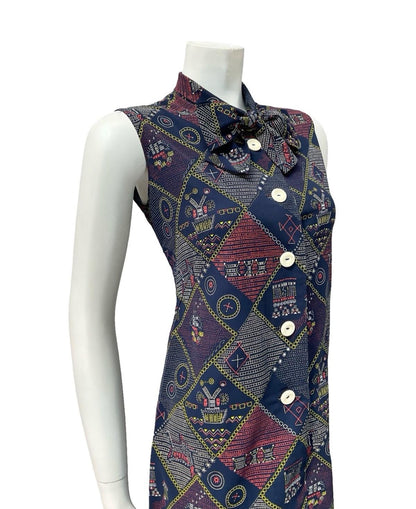 VTG 60S 70S NAVY BLUE RED WHITE YELLOW GEOMETRIC PUSSYBOW SHIFT DRESS 8 10 S
