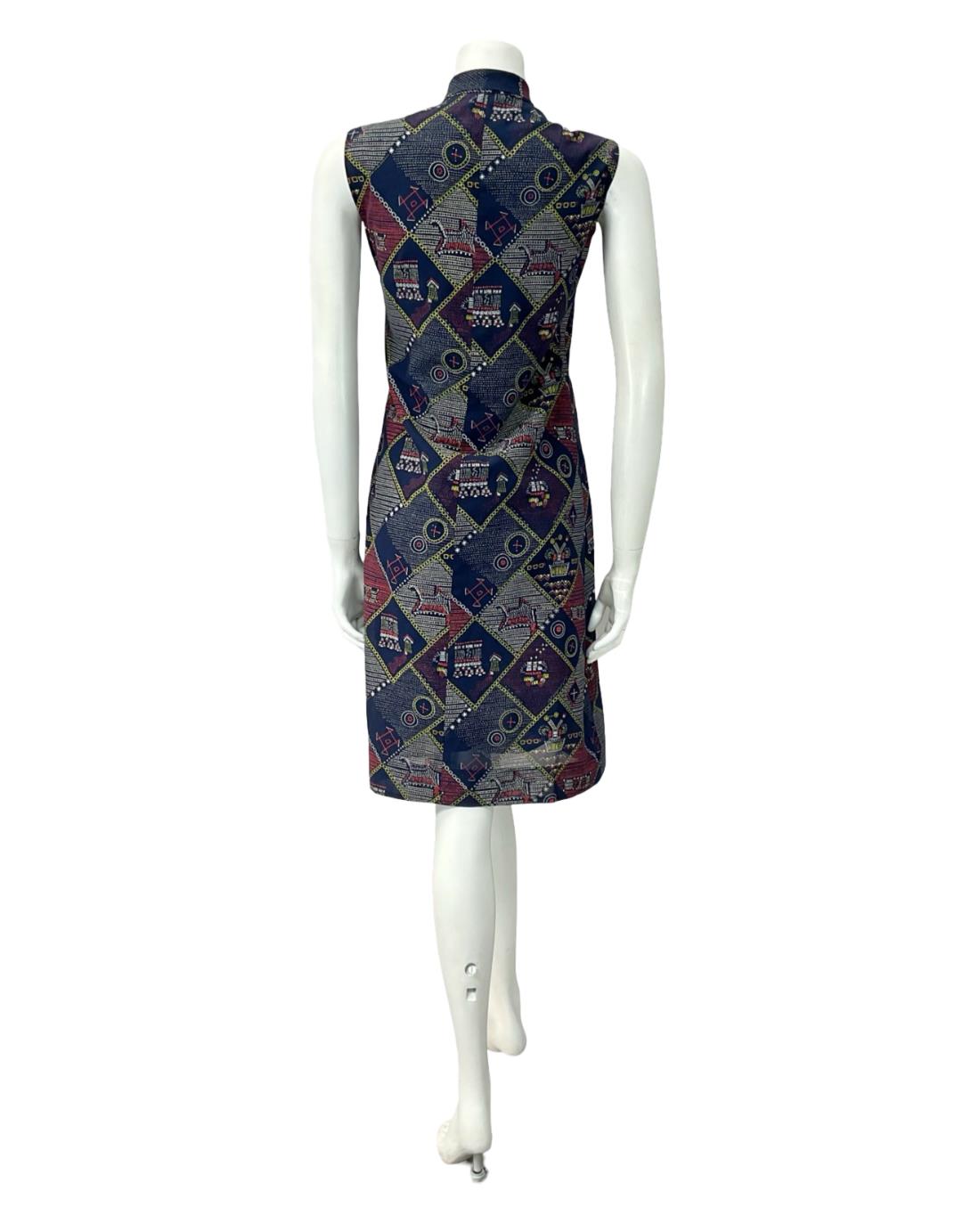 VTG 60S 70S NAVY BLUE RED WHITE YELLOW GEOMETRIC PUSSYBOW SHIFT DRESS 8 10 S