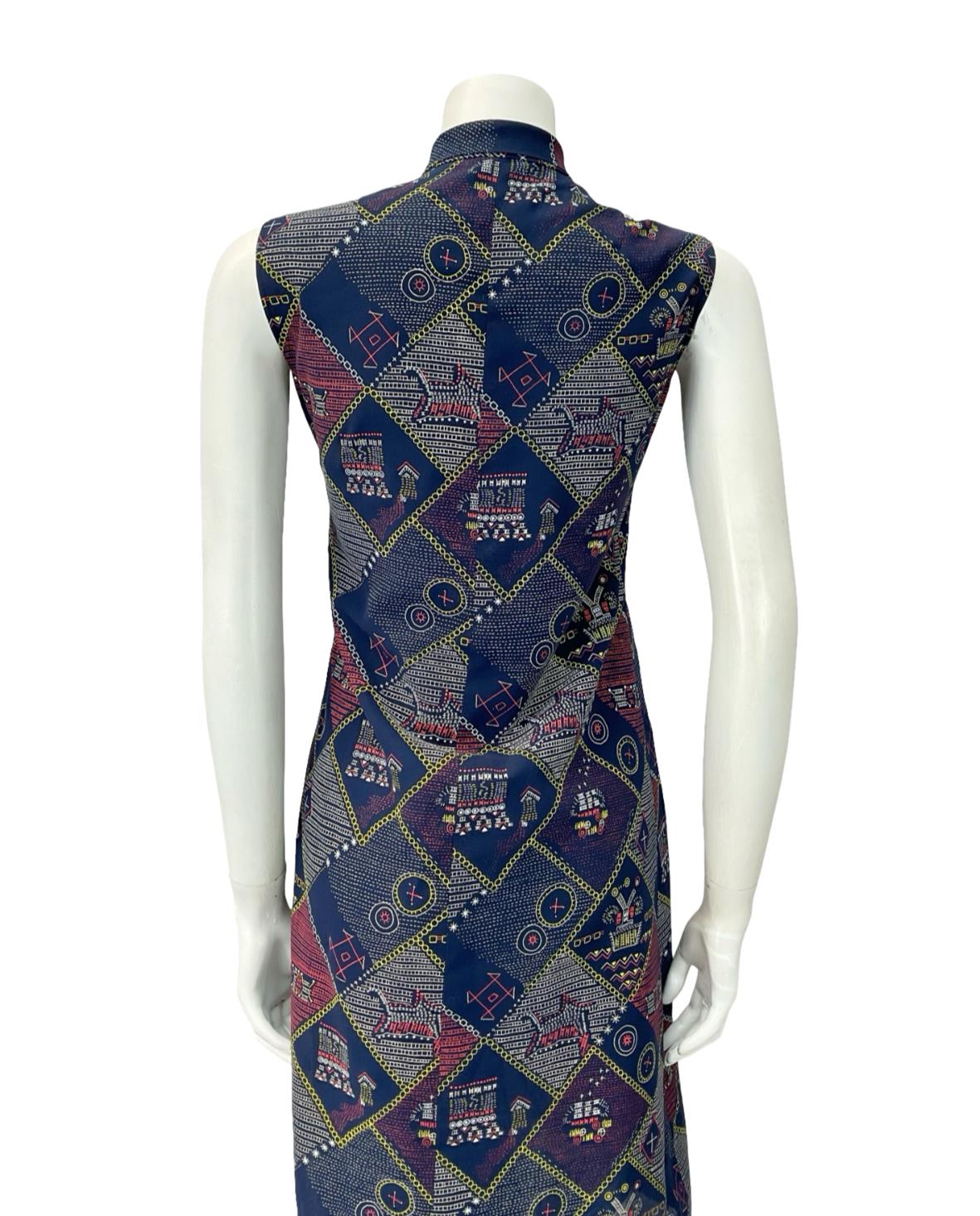VTG 60S 70S NAVY BLUE RED WHITE YELLOW GEOMETRIC PUSSYBOW SHIFT DRESS 8 10 S