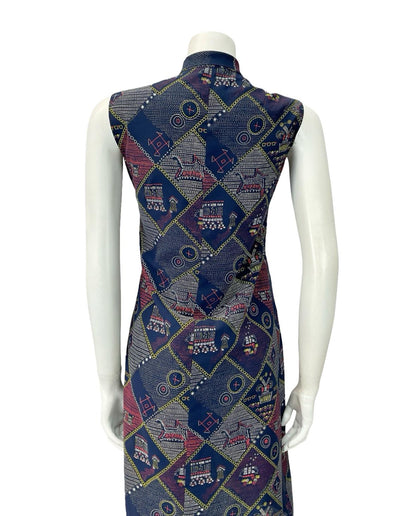 VTG 60S 70S NAVY BLUE RED WHITE YELLOW GEOMETRIC PUSSYBOW SHIFT DRESS 8 10 S