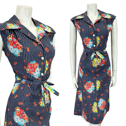 VTG 70S NAVY BLUE WHITE RED PINSTRIPE FLORAL DAGGER TIE WAIST SHIRT DRESS 12