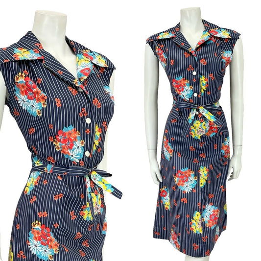 VTG 70S NAVY BLUE WHITE RED PINSTRIPE FLORAL DAGGER TIE WAIST SHIRT DRESS 12