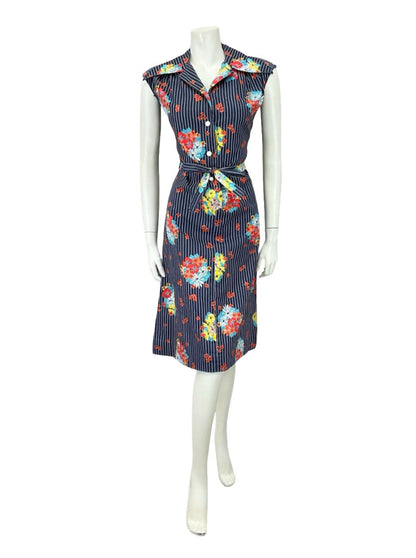 VTG 70S NAVY BLUE WHITE RED PINSTRIPE FLORAL DAGGER TIE WAIST SHIRT DRESS 12