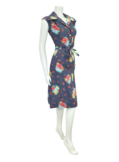 VTG 70S NAVY BLUE WHITE RED PINSTRIPE FLORAL DAGGER TIE WAIST SHIRT DRESS 12