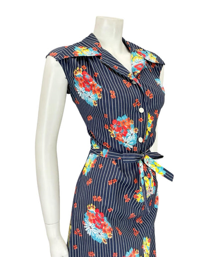 VTG 70S NAVY BLUE WHITE RED PINSTRIPE FLORAL DAGGER TIE WAIST SHIRT DRESS 12