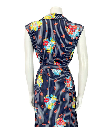 VTG 70S NAVY BLUE WHITE RED PINSTRIPE FLORAL DAGGER TIE WAIST SHIRT DRESS 12