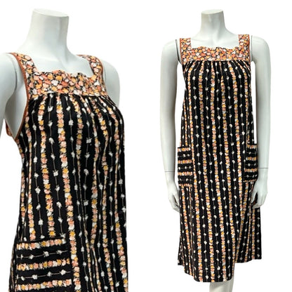 VTG 60S 70S BLACK YELLOW ORANGE FLORAL STRIPE TENT PINAFORE SMOCK DRESS 10