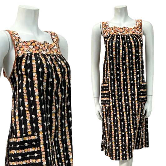 VTG 60S 70S BLACK YELLOW ORANGE FLORAL STRIPE TENT PINAFORE SMOCK DRESS 10