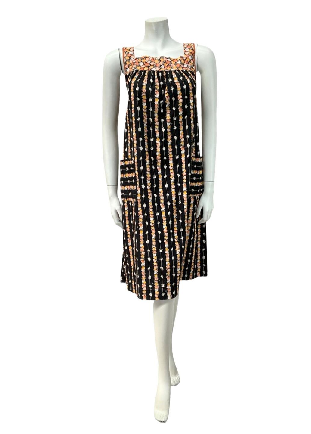 VTG 60S 70S BLACK YELLOW ORANGE FLORAL STRIPE TENT PINAFORE SMOCK DRESS 10
