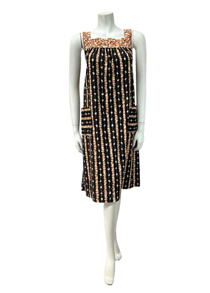 VTG 60S 70S BLACK YELLOW ORANGE FLORAL STRIPE TENT PINAFORE SMOCK DRESS 10