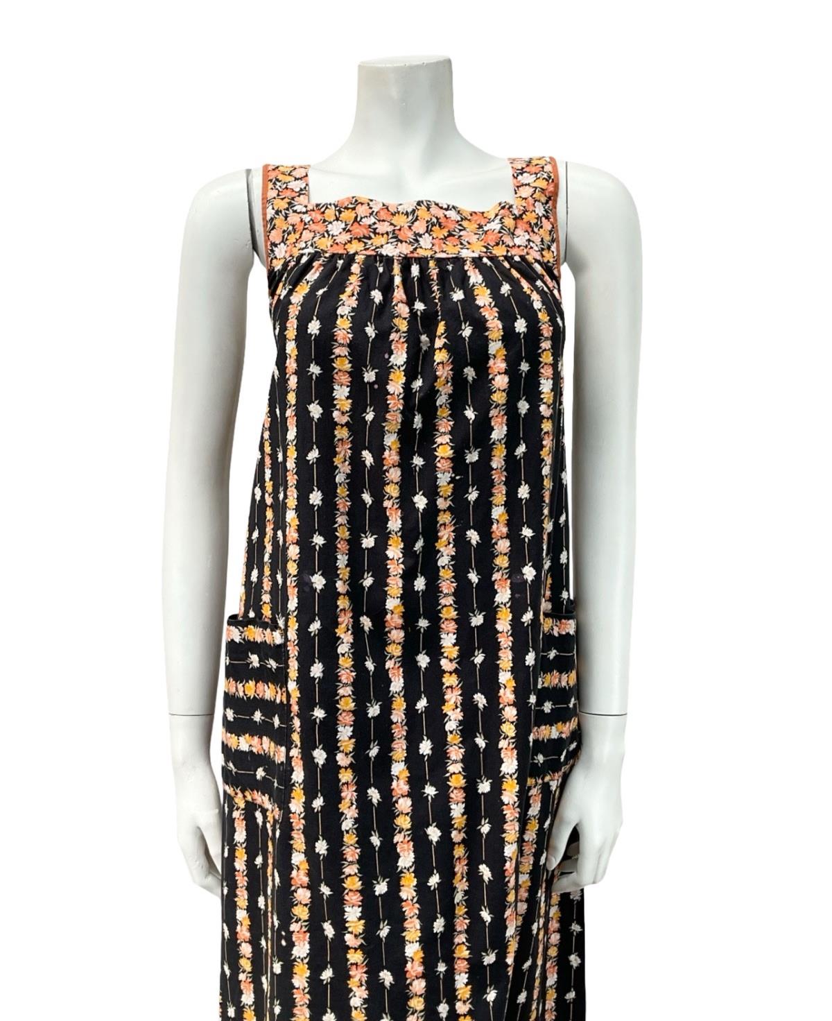 VTG 60S 70S BLACK YELLOW ORANGE FLORAL STRIPE TENT PINAFORE SMOCK DRESS 10