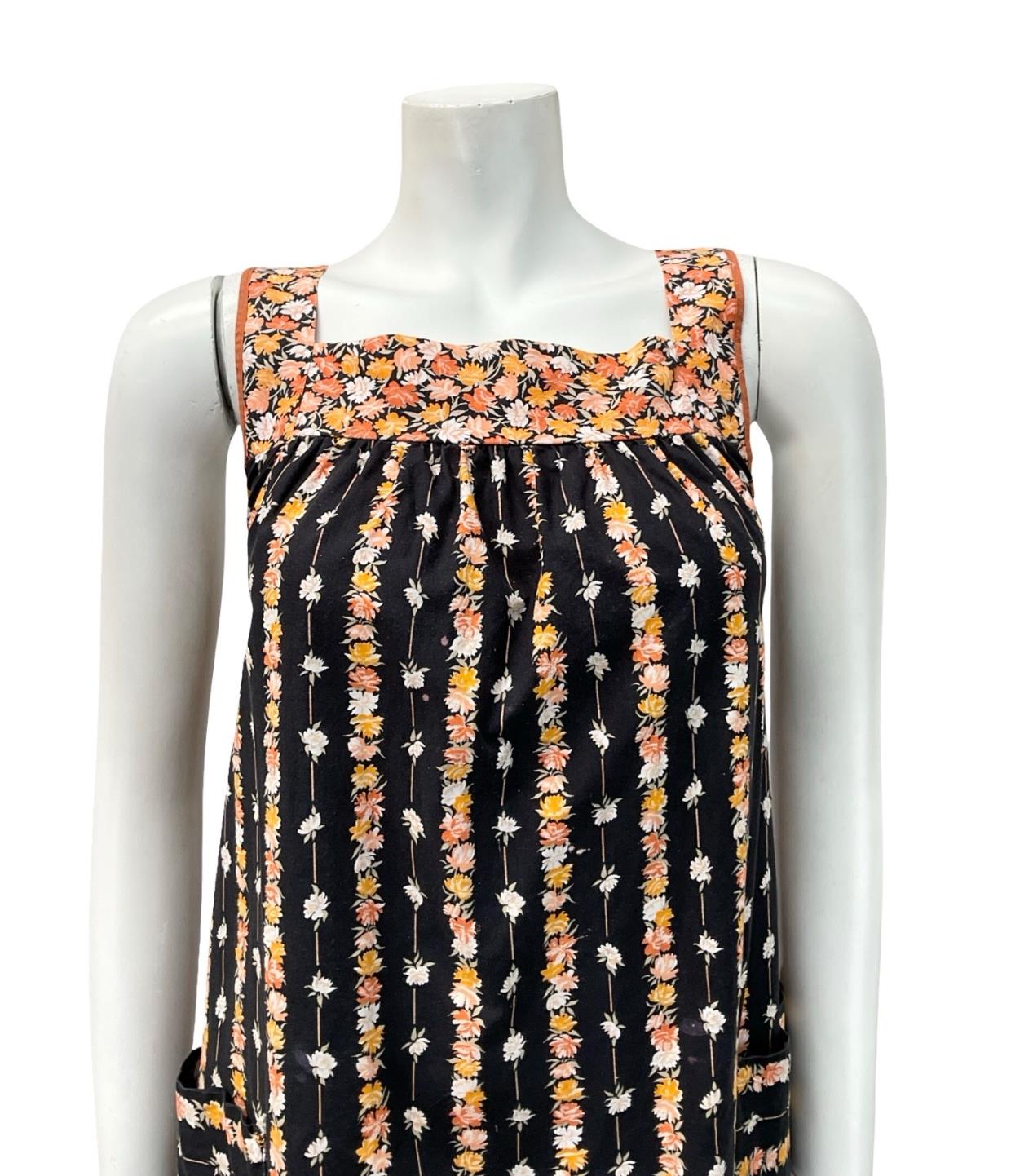 VTG 60S 70S BLACK YELLOW ORANGE FLORAL STRIPE TENT PINAFORE SMOCK DRESS 10