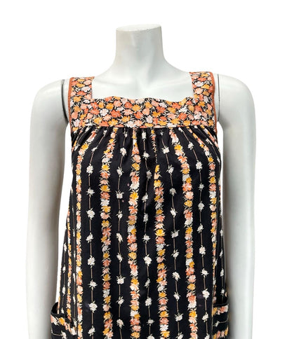 VTG 60S 70S BLACK YELLOW ORANGE FLORAL STRIPE TENT PINAFORE SMOCK DRESS 10