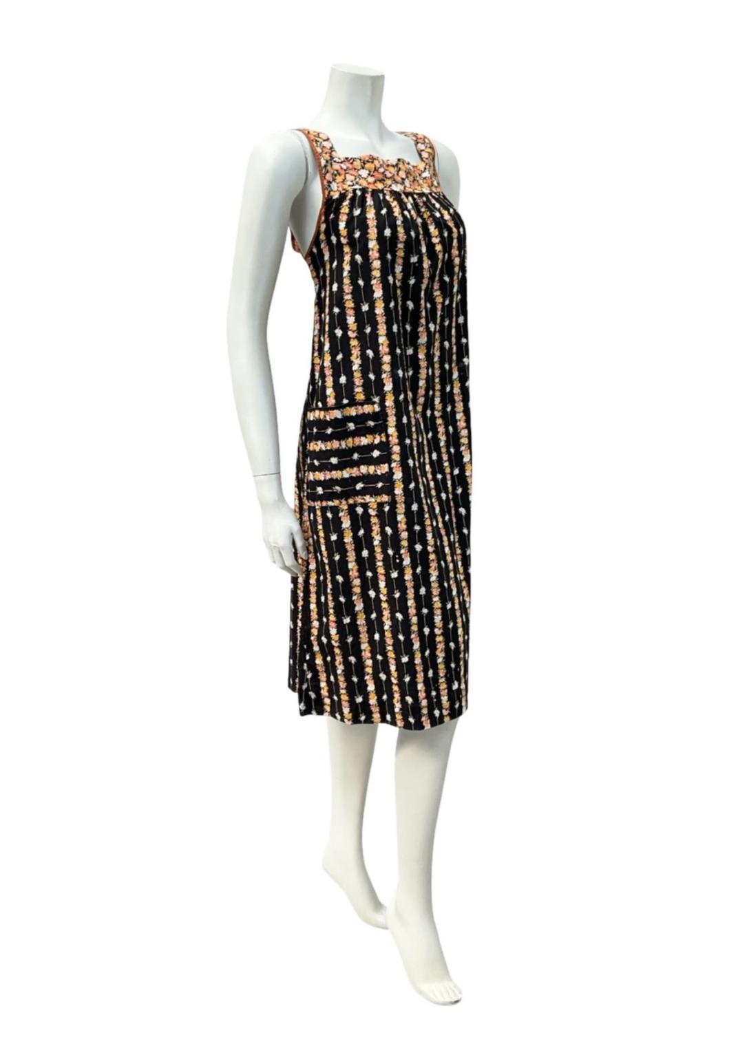 VTG 60S 70S BLACK YELLOW ORANGE FLORAL STRIPE TENT PINAFORE SMOCK DRESS 10