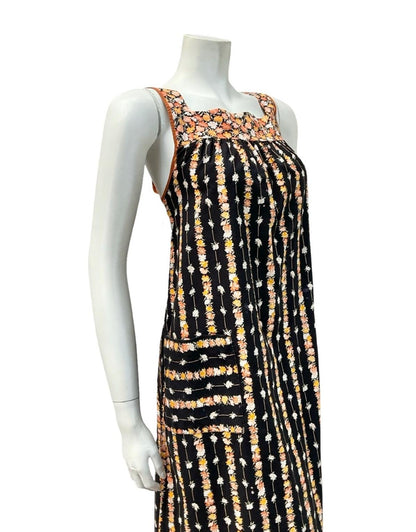 VTG 60S 70S BLACK YELLOW ORANGE FLORAL STRIPE TENT PINAFORE SMOCK DRESS 10