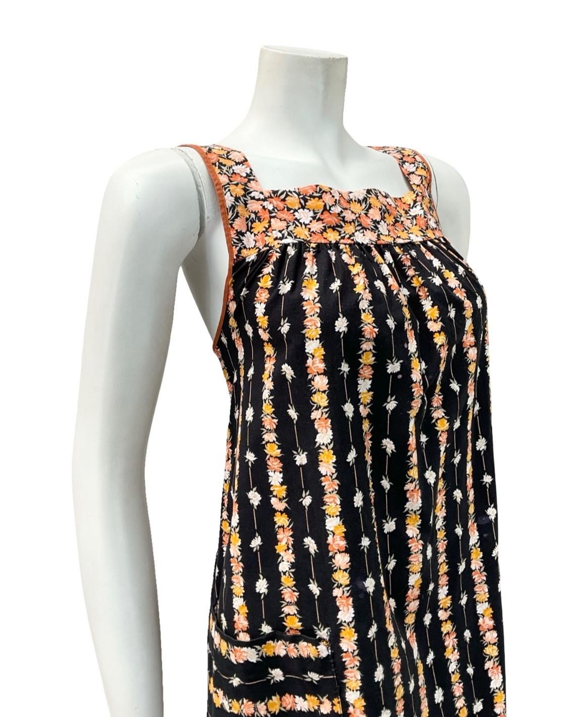 VTG 60S 70S BLACK YELLOW ORANGE FLORAL STRIPE TENT PINAFORE SMOCK DRESS 10