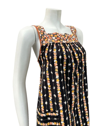 VTG 60S 70S BLACK YELLOW ORANGE FLORAL STRIPE TENT PINAFORE SMOCK DRESS 10