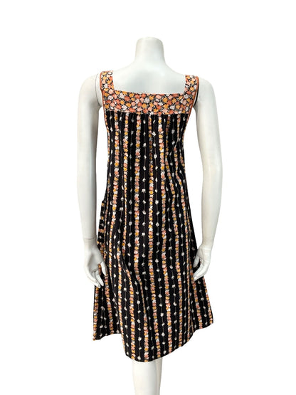 VTG 60S 70S BLACK YELLOW ORANGE FLORAL STRIPE TENT PINAFORE SMOCK DRESS 10
