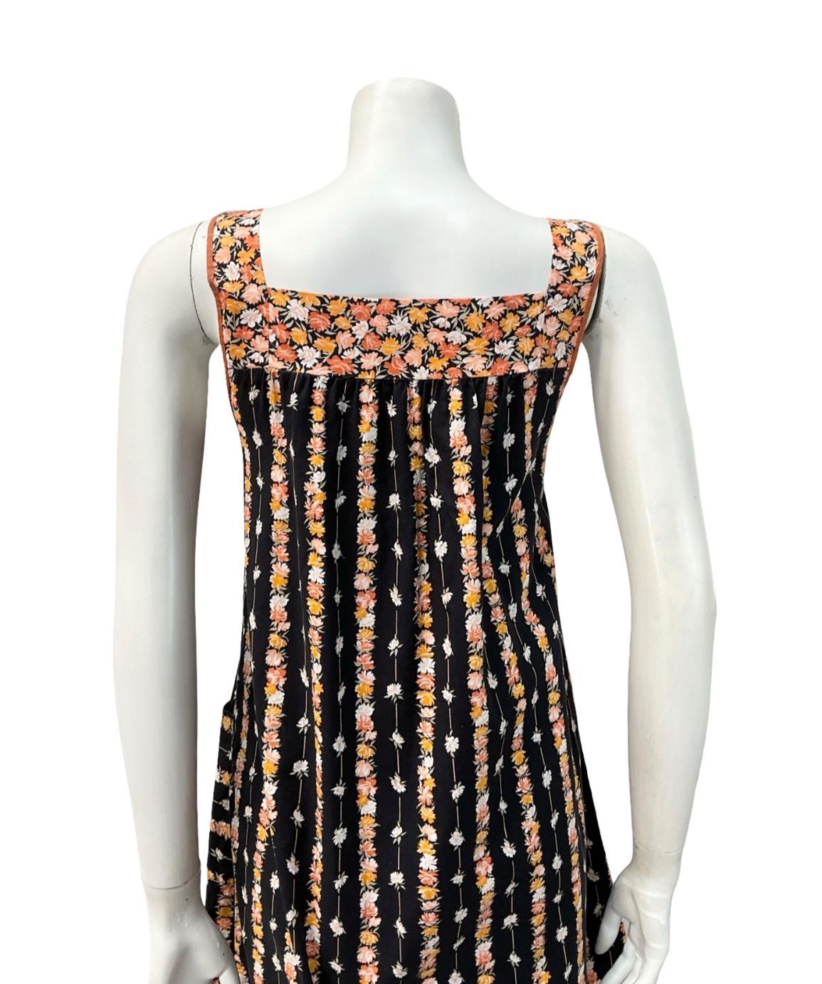 VTG 60S 70S BLACK YELLOW ORANGE FLORAL STRIPE TENT PINAFORE SMOCK DRESS 10