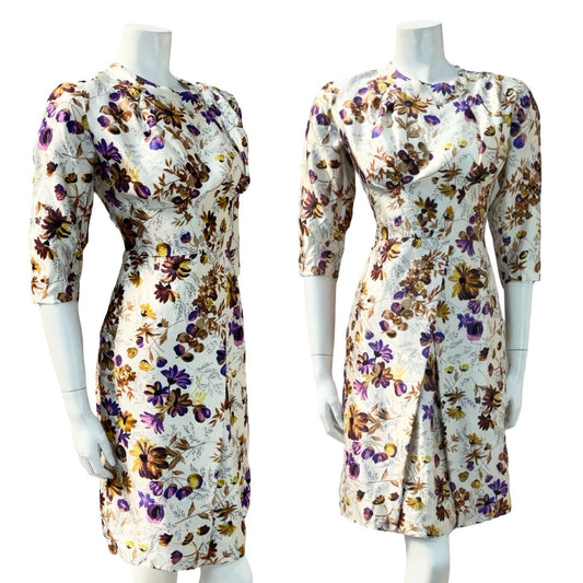 VTG 60S CREAM PURPLE BROW FLORAL 1/2 SLEEVE PLEAT TAILORED FORMAL DRESS 12