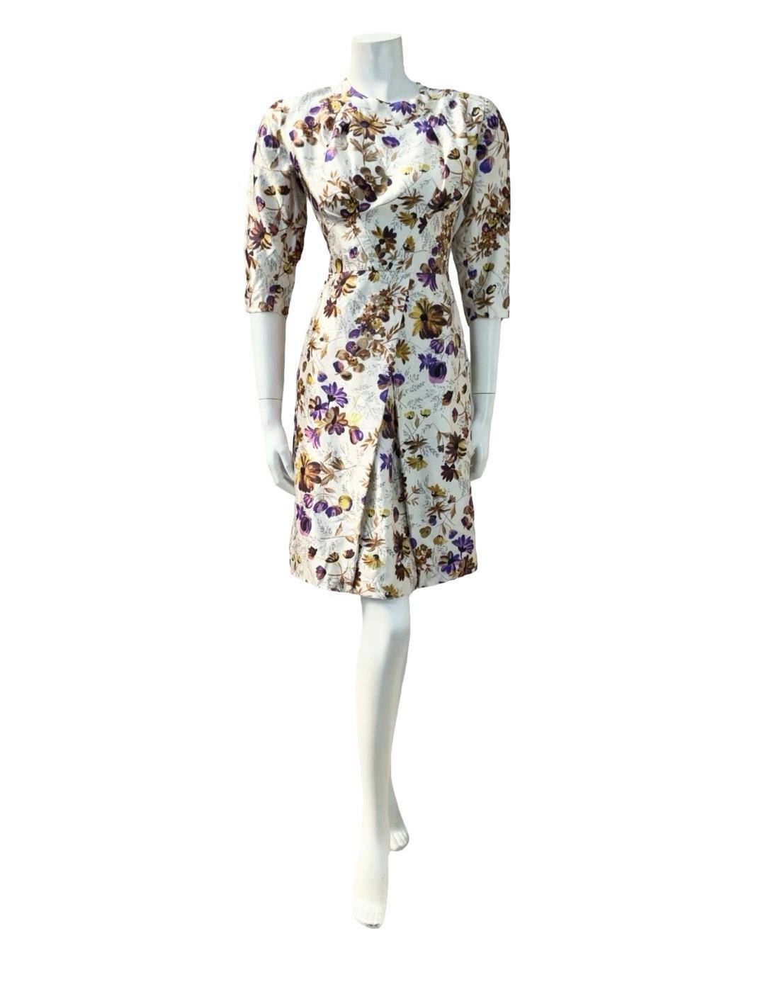 VTG 60S CREAM PURPLE BROW FLORAL 1/2 SLEEVE PLEAT TAILORED FORMAL DRESS 12