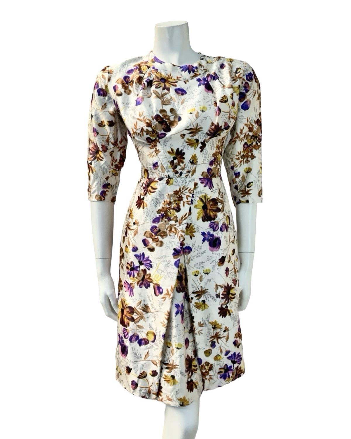 VTG 60S CREAM PURPLE BROW FLORAL 1/2 SLEEVE PLEAT TAILORED FORMAL DRESS 12