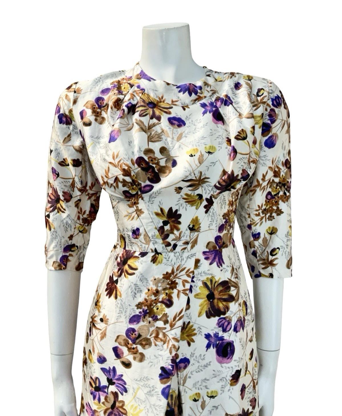 VTG 60S CREAM PURPLE BROW FLORAL 1/2 SLEEVE PLEAT TAILORED FORMAL DRESS 12