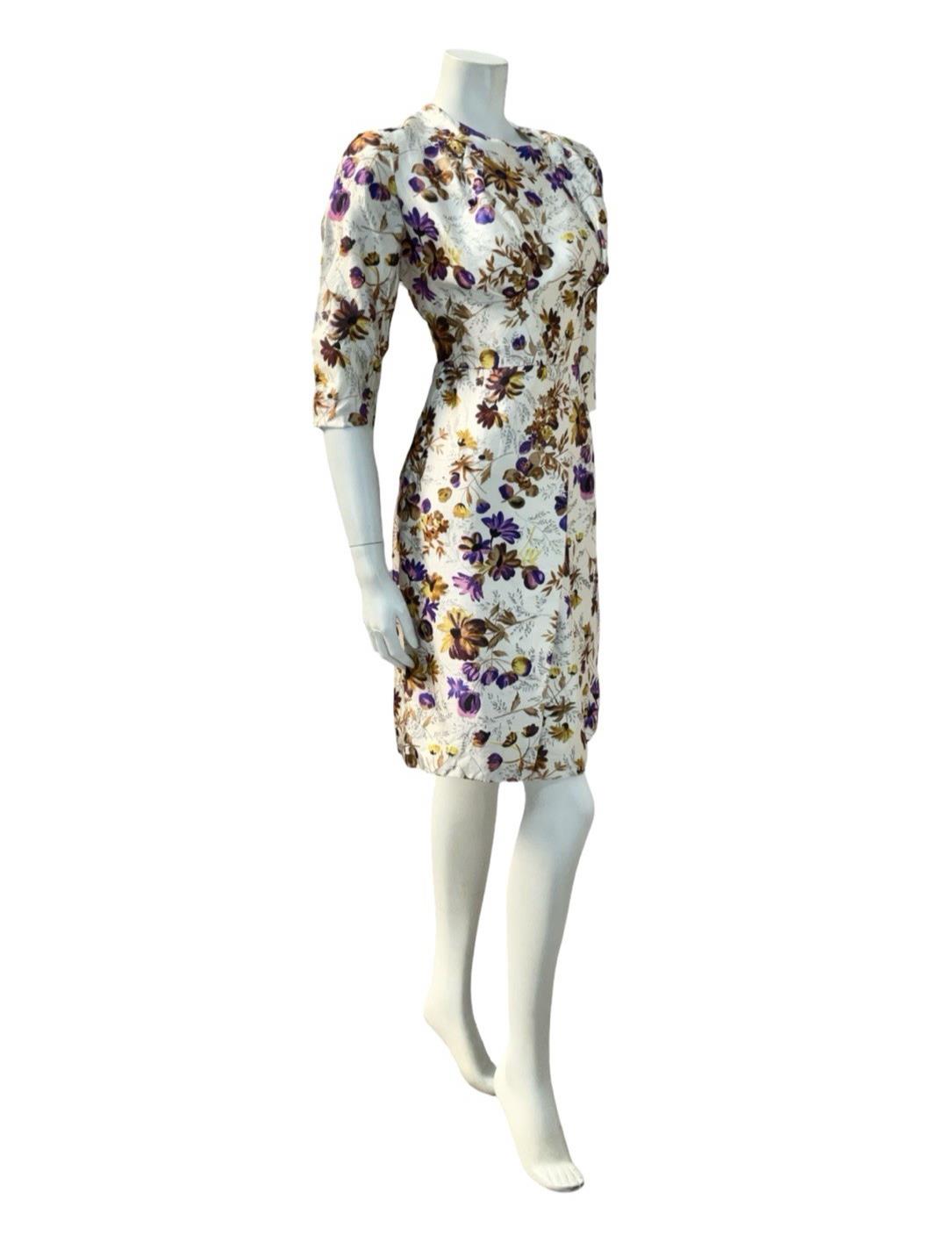 VTG 60S CREAM PURPLE BROW FLORAL 1/2 SLEEVE PLEAT TAILORED FORMAL DRESS 12