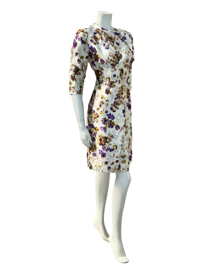 VTG 60S CREAM PURPLE BROW FLORAL 1/2 SLEEVE PLEAT TAILORED FORMAL DRESS 12