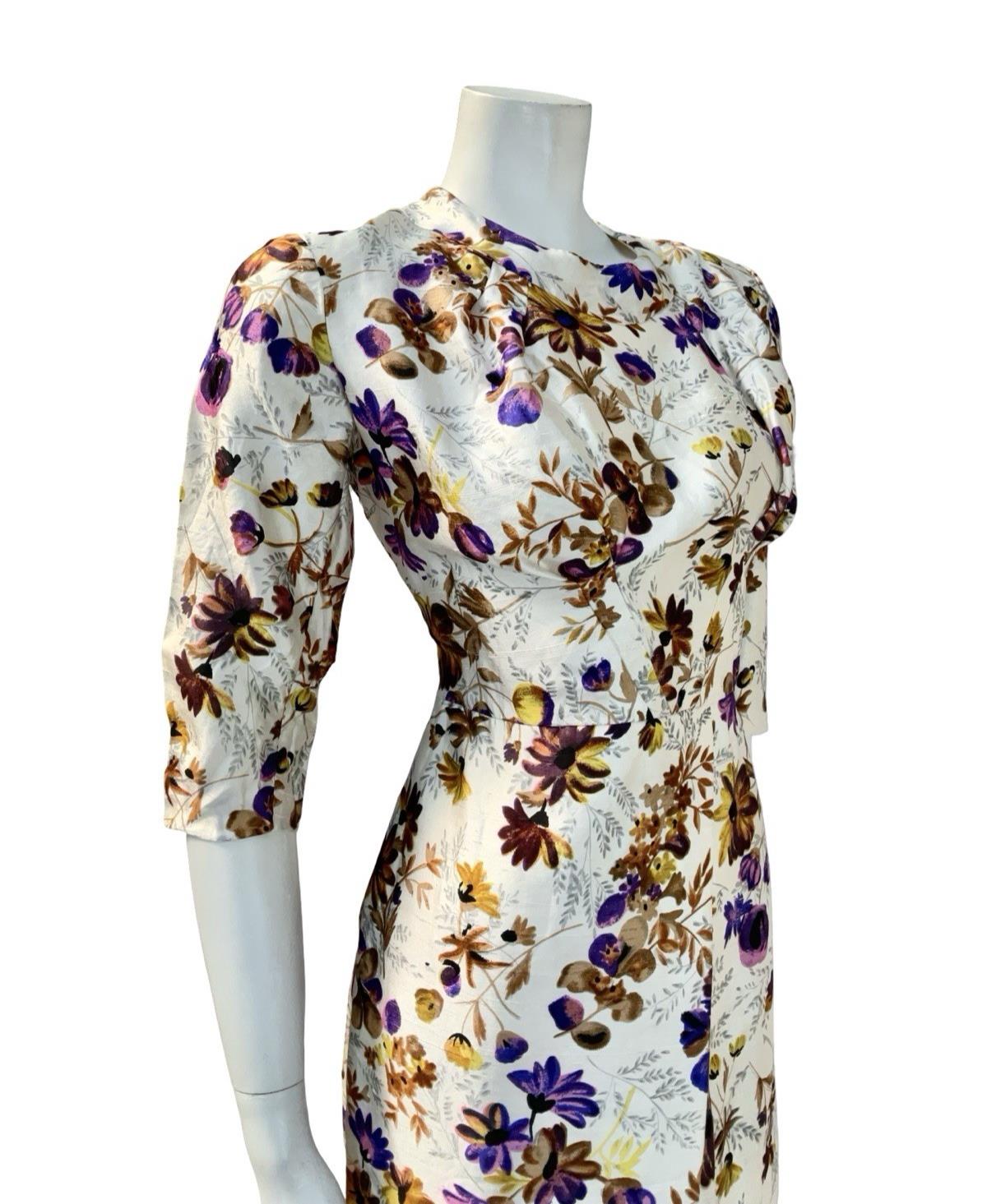 VTG 60S CREAM PURPLE BROW FLORAL 1/2 SLEEVE PLEAT TAILORED FORMAL DRESS 12