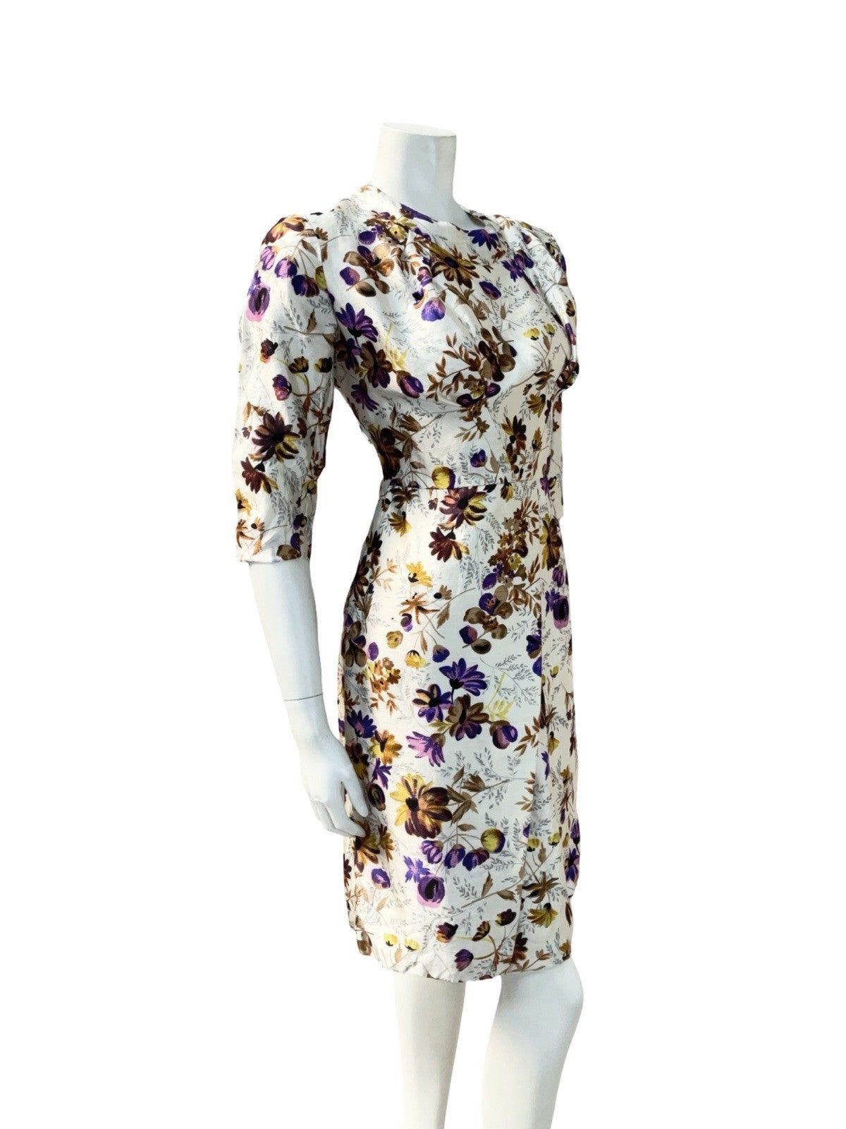 VTG 60S CREAM PURPLE BROW FLORAL 1/2 SLEEVE PLEAT TAILORED FORMAL DRESS 12