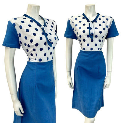VTG 60S WHITE BLUE MOD GEOMETRIC POLKA DOR CONTRAST SAILOR COLLAR DRESS 12