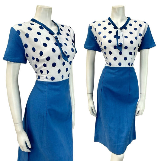 VTG 60S WHITE BLUE MOD GEOMETRIC POLKA DOR CONTRAST SAILOR COLLAR DRESS 12