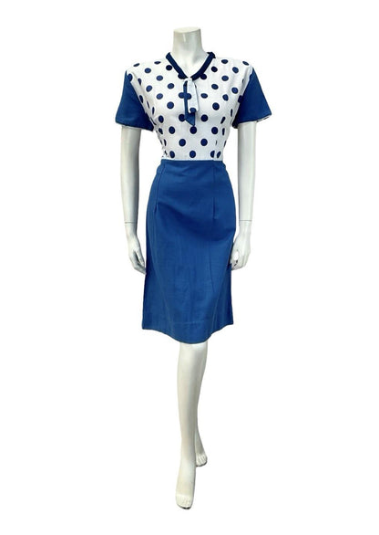 VTG 60S WHITE BLUE MOD GEOMETRIC POLKA DOR CONTRAST SAILOR COLLAR DRESS 12