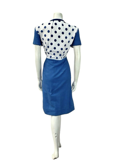 VTG 60S WHITE BLUE MOD GEOMETRIC POLKA DOR CONTRAST SAILOR COLLAR DRESS 12