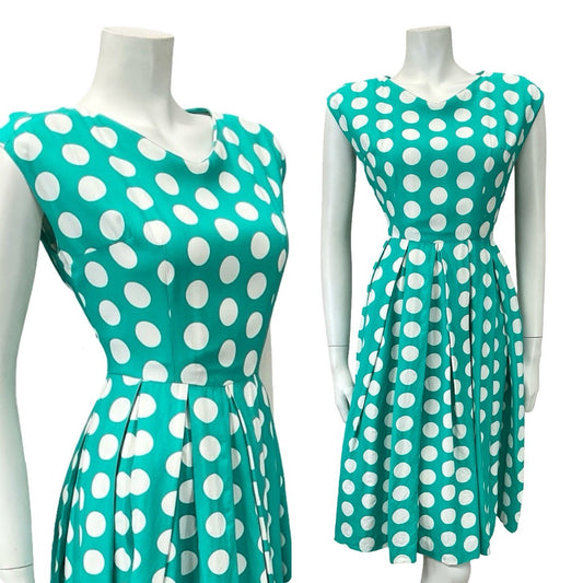 VTG 50S 60S GREEN WHITE POLKA DOT GEOMETRIC PLEAT ROCKABILLY SWING DRESS 8