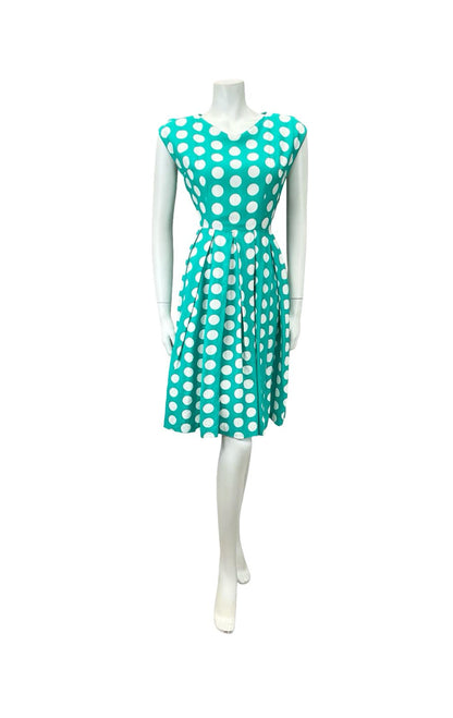 VTG 50S 60S GREEN WHITE POLKA DOT GEOMETRIC PLEAT ROCKABILLY SWING DRESS 8