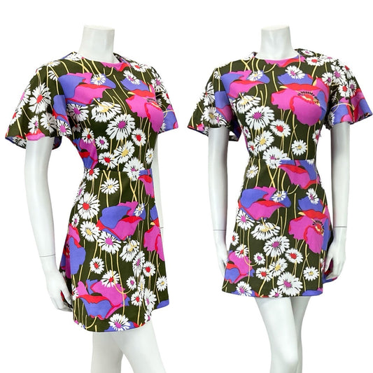 VTG 60S 70S GREEN WHITE PINK PURPLE FLORAL DAISY POPPY SWING MINI DRESS 12 14 M