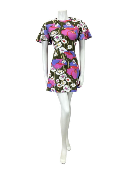 VTG 60S 70S GREEN WHITE PINK PURPLE FLORAL DAISY POPPY SWING MINI DRESS 12 14 M