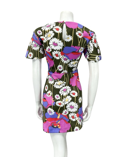 VTG 60S 70S GREEN WHITE PINK PURPLE FLORAL DAISY POPPY SWING MINI DRESS 12 14 M