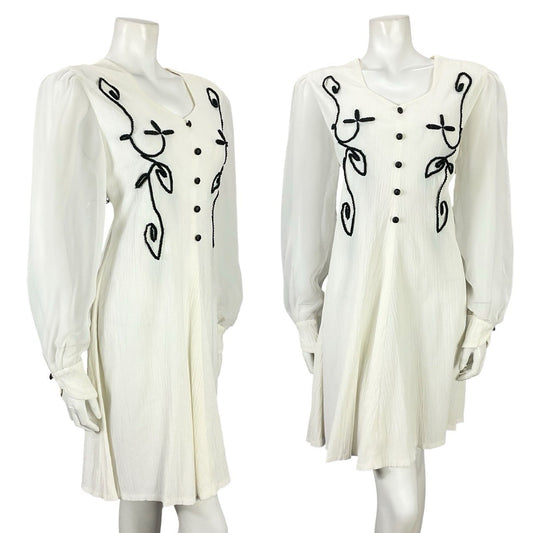 VTG 60S 70S WHITE BLACK PLISSE MESH BISHOP SLEEVES MOD A LINE SHIFT DRESS 12