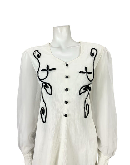 VTG 60S 70S WHITE BLACK PLISSE MESH BISHOP SLEEVES MOD A LINE SHIFT DRESS 12