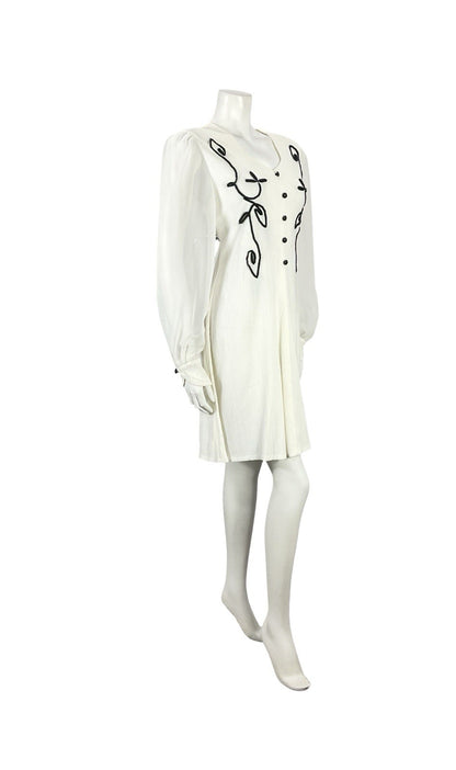VTG 60S 70S WHITE BLACK PLISSE MESH BISHOP SLEEVES MOD A LINE SHIFT DRESS 12