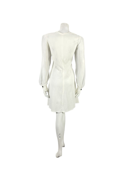 VTG 60S 70S WHITE BLACK PLISSE MESH BISHOP SLEEVES MOD A LINE SHIFT DRESS 12