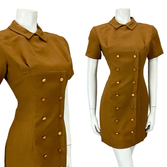 VTG 60S BROWN MOD GOGO PETER PAN COLLAR DOUBLE BREAST MINI DRESS 8 10 S