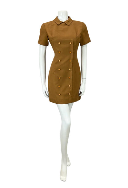 VTG 60S BROWN MOD GOGO PETER PAN COLLAR DOUBLE BREAST MINI DRESS 8 10 S