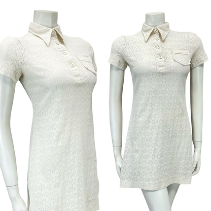 VTG 60S CREAM LACE DAGGER COLLAR MOD GOGO BOHO MINI SHIRT DRESS XS 6