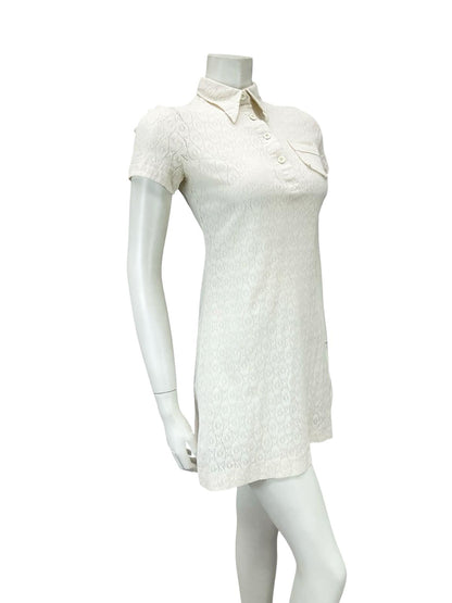 VTG 60S CREAM LACE DAGGER COLLAR MOD GOGO BOHO MINI SHIRT DRESS XS 6
