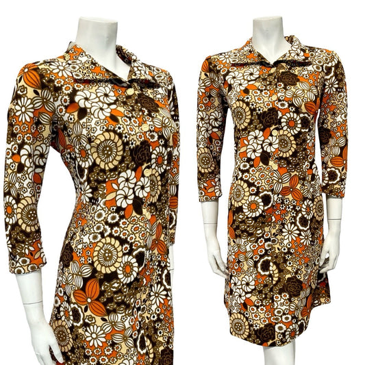 VTG 60S BROWN ORANGE WHITE BEIGE PSYCHEDELIC FLORAL SHIFT SHIRT DRESS 12