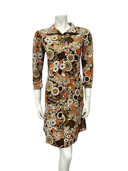 VTG 60S BROWN ORANGE WHITE BEIGE PSYCHEDELIC FLORAL SHIFT SHIRT DRESS 12
